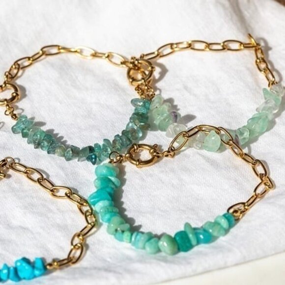 BUNDLE Aqua Chalcedony Drop Earrings & Amazonite Gemstone Bracelet Gold Chain - Picture 11 of 12